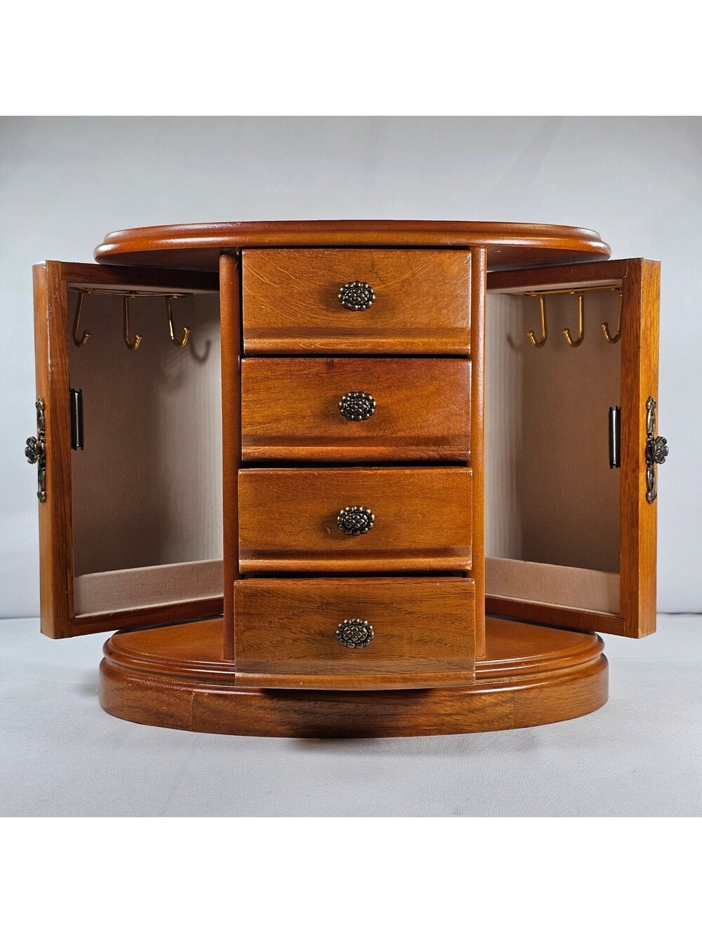 Vintage Wooden Jewelry Box Armoire Burl Wood Finish Tabletop Chest 4 Drawers - Picture 2 of 9